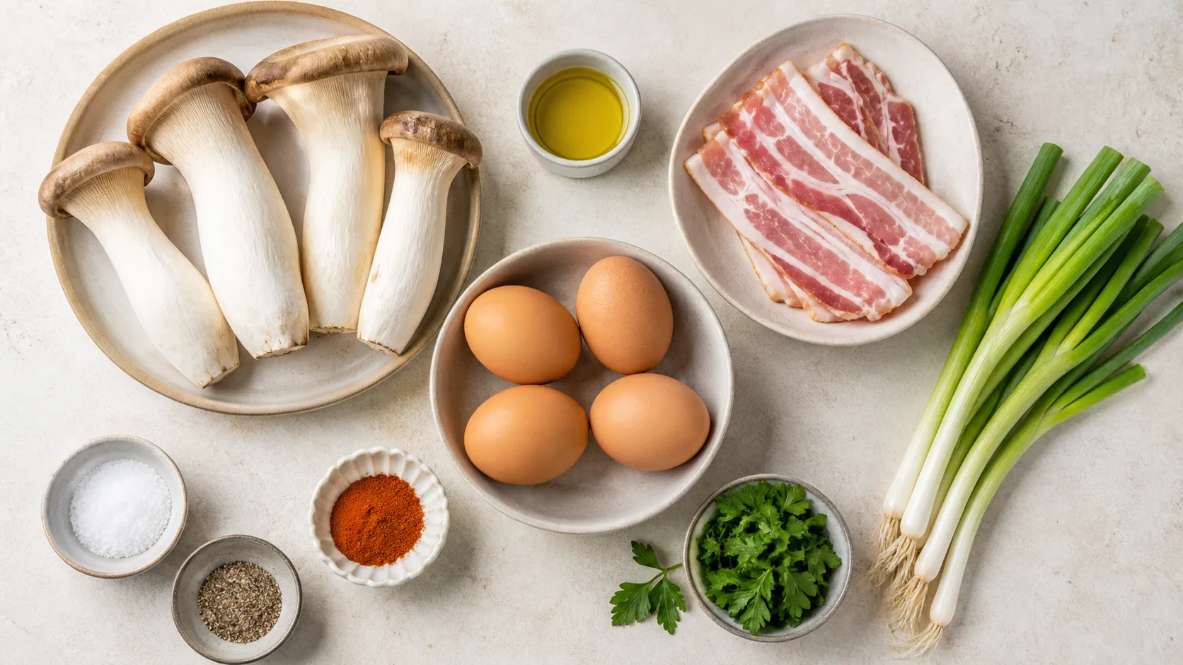 Zutaten für die Keto-Pilzpfanne: Kräuterseitlinge, Frühstücksspeck, Eier, Frühlingszwiebeln und Petersilie