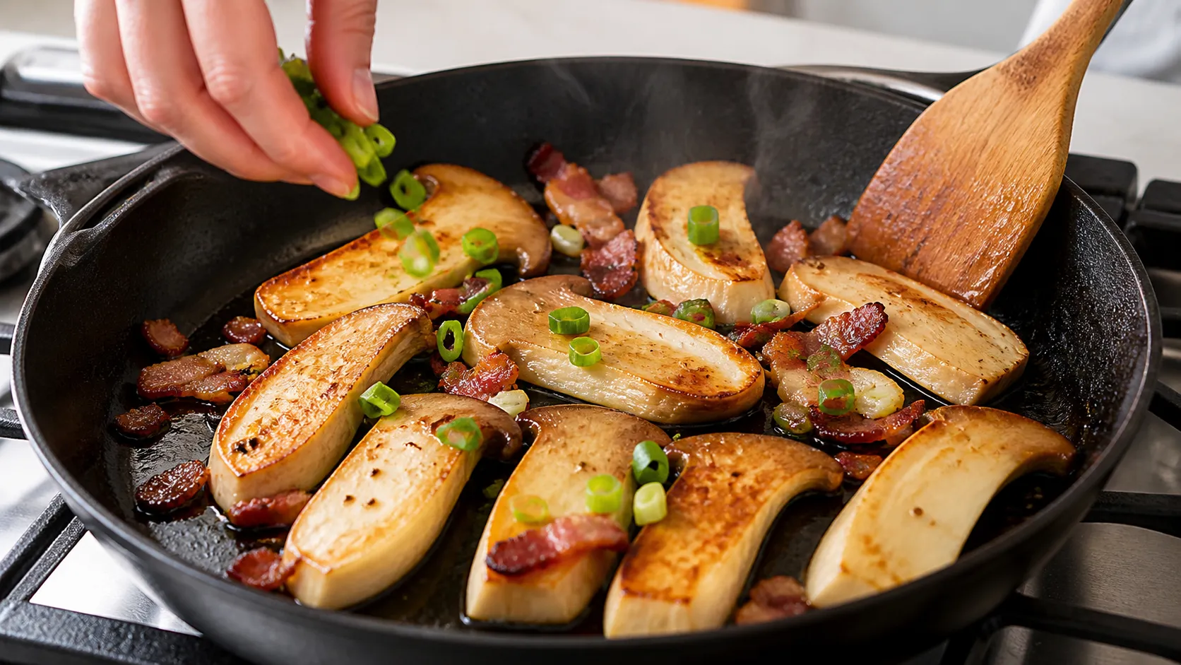 In Scheiben geschnittene Kräuterseitlinge braten mit Speckwürfeln in einer heißen Pfanne