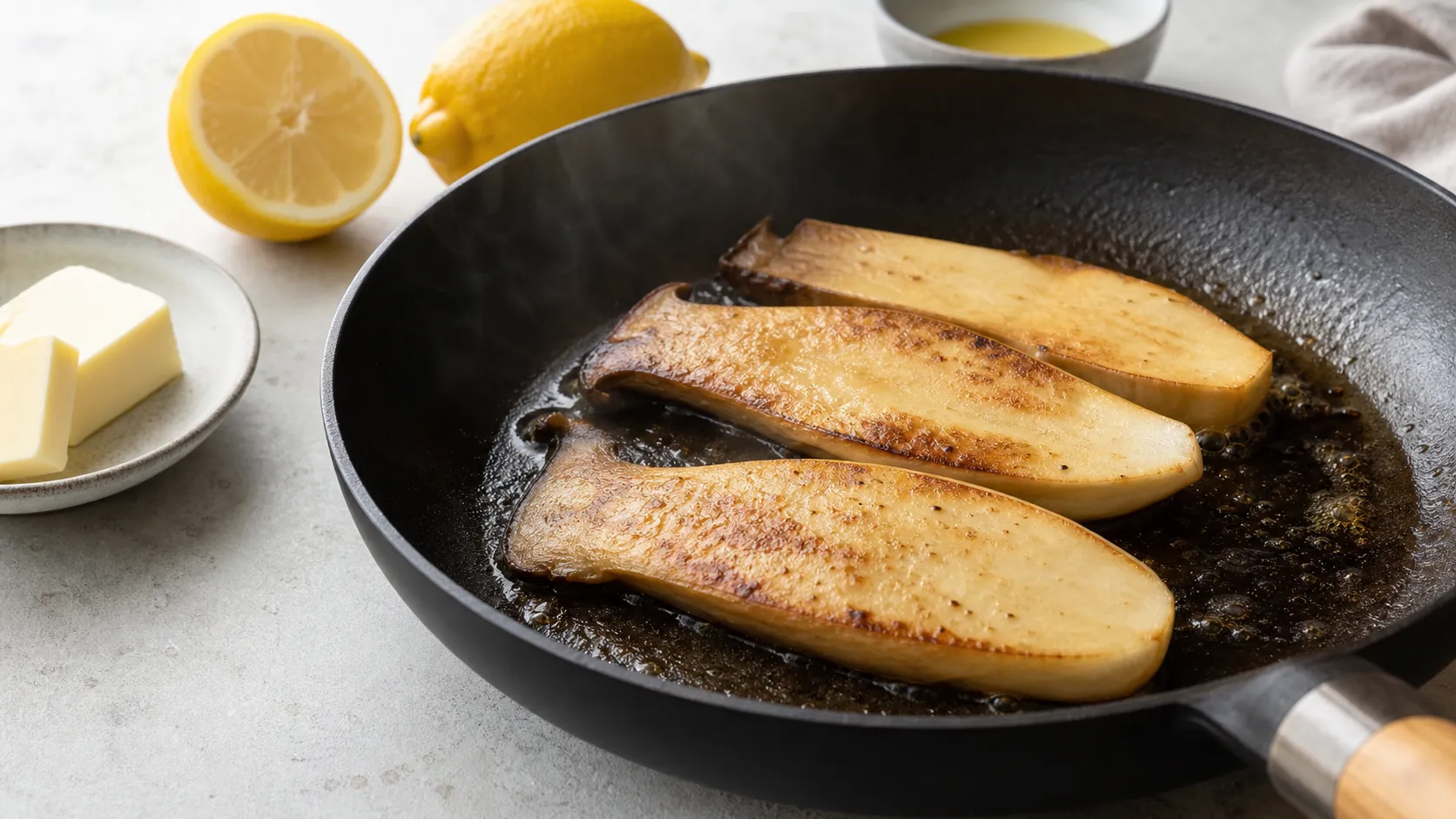 Dicke Kräuterseitling-Scheiben braten in einer heißen Pfanne, daneben Butter und Zitronensaft