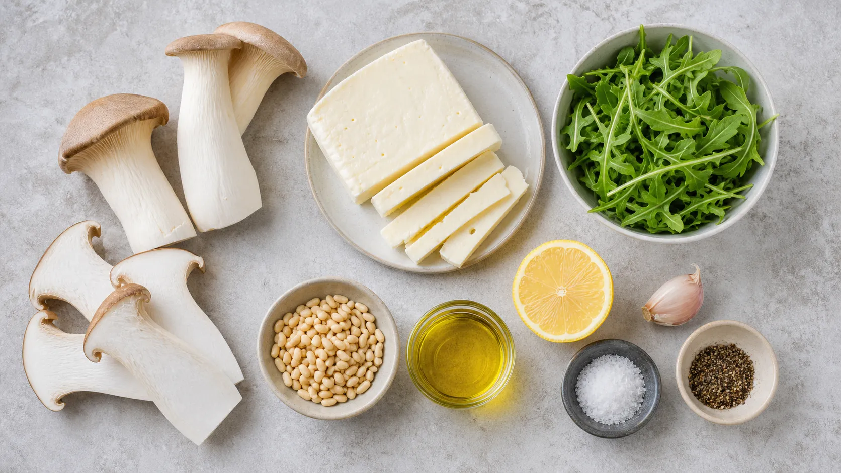 Zutaten: Kräuterseitlinge, Halloumi, Rucola, Pinienkerne, Zitrone, Knoblauch und Olivenöl