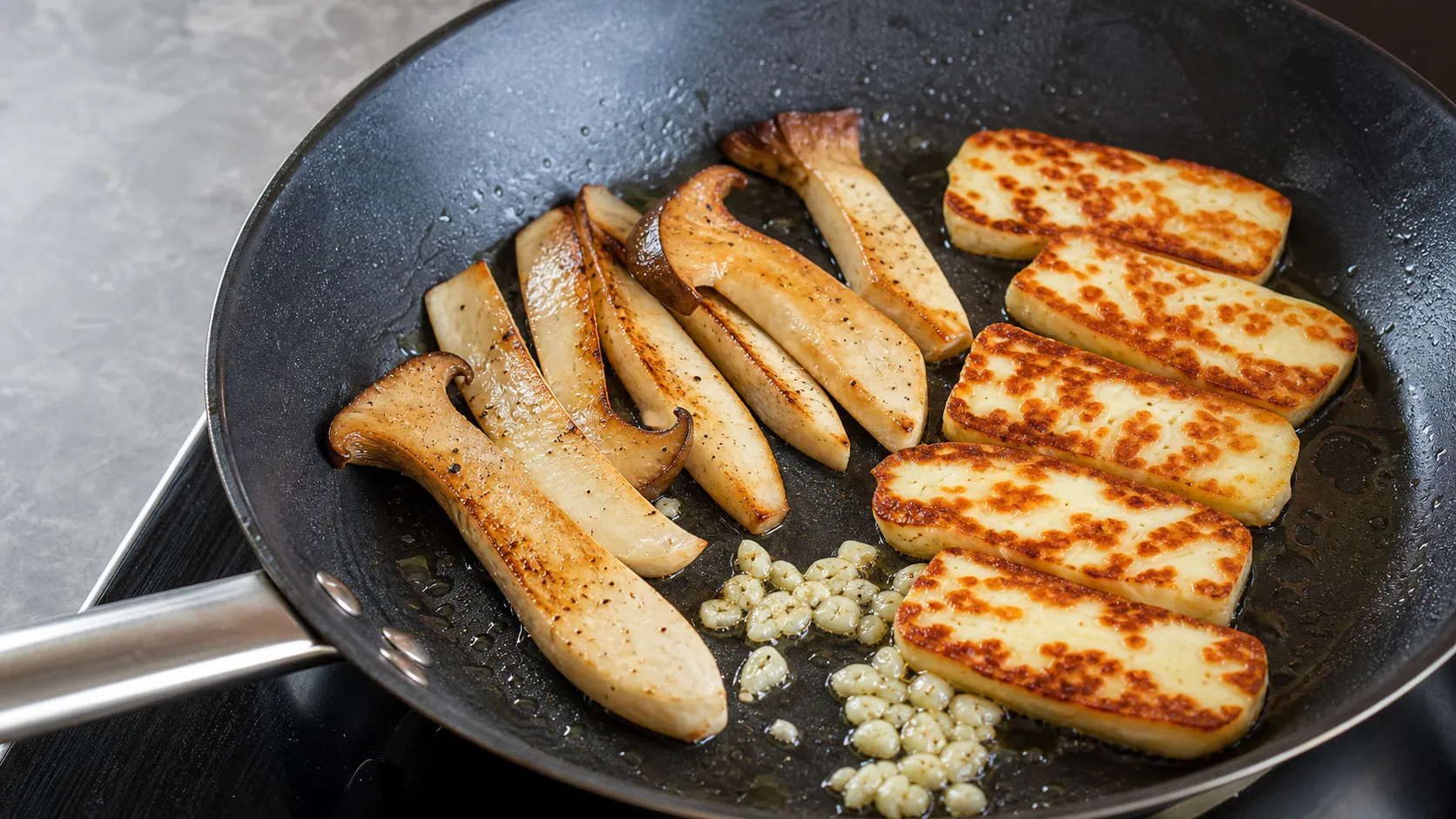 In Scheiben geschnittene Kräuterseitlinge und Halloumi braten goldbraun in der Pfanne