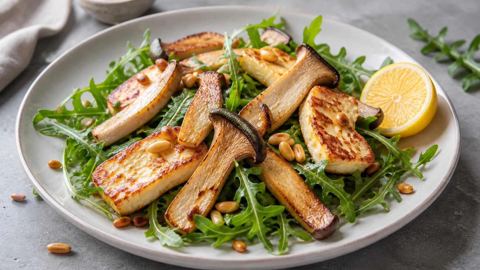Gebratene Kräuterseitlinge und goldener Halloumi auf Rucola mit Pinienkernen und Zitrone auf einem Teller