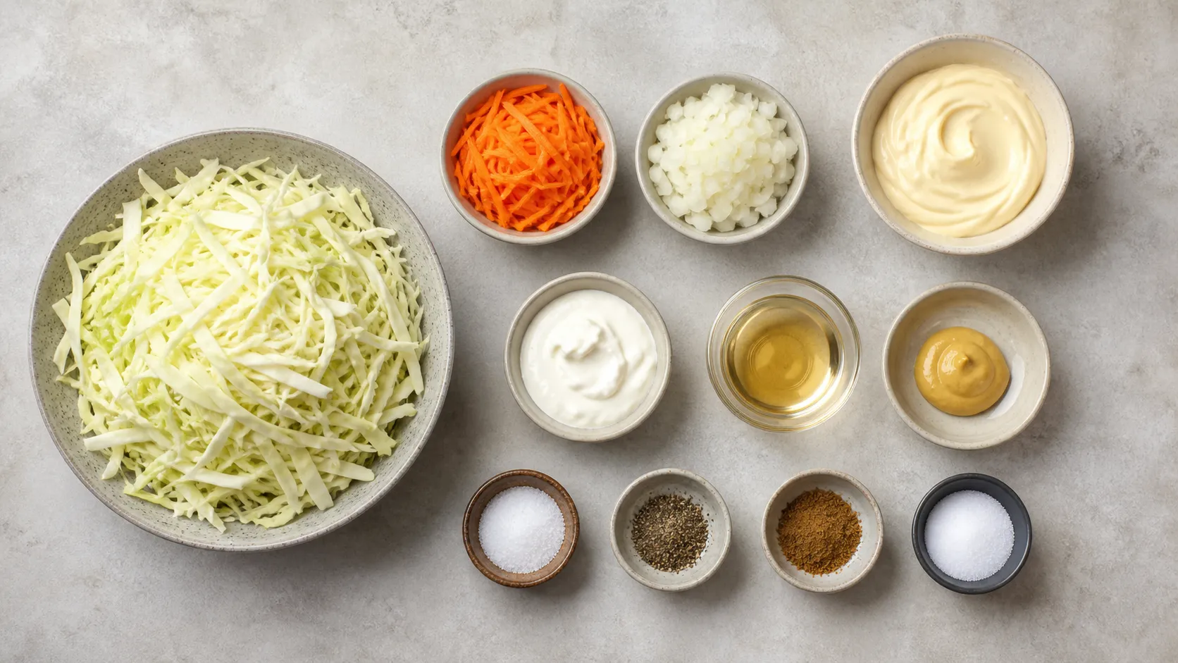 Zutaten für Keto-Krautsalat: Weißkohl, Karotte, Zwiebel, Mayonnaise, Schmand, Apfelessig, Senf und Erythrit