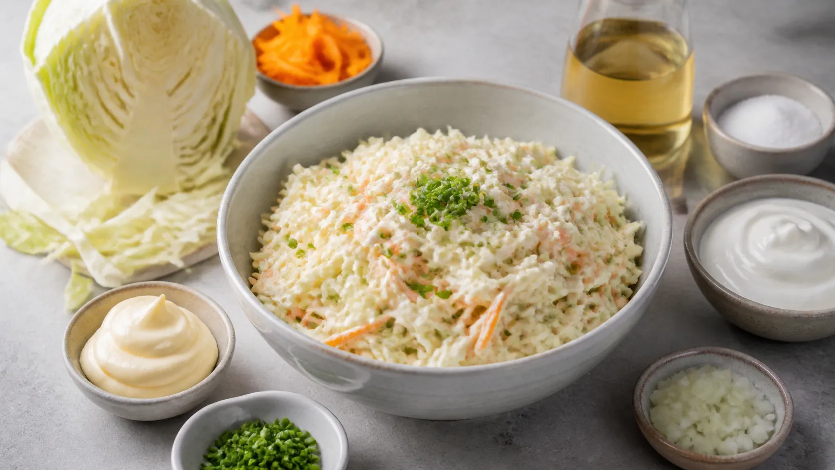 Cremiger Keto-Krautsalat aus fein gehobeltem Weißkohl in einer Schüssel, mit Schnittlauch bestreut