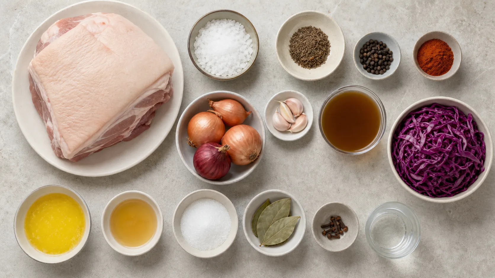 Zutaten für Keto-Krustenbraten: Schweineschulter mit Schwarte, Zwiebeln, Knoblauch, Kümmel, Rotkohl, Apfelessig und Erythrit