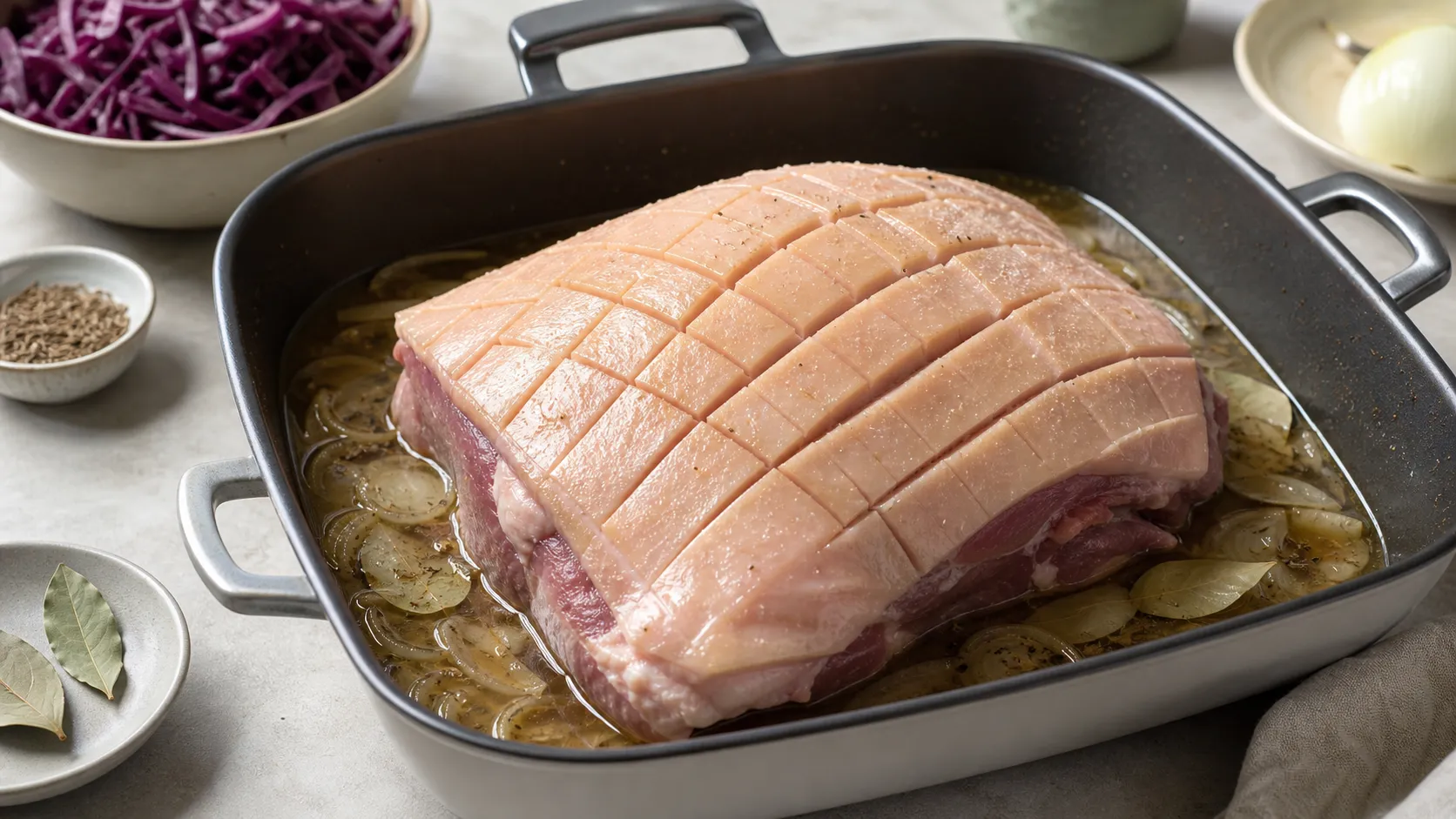 Rautenförmig eingeschnittene Schwarte eines Schweinebratens in der Bratform mit Brühe und Zwiebeln