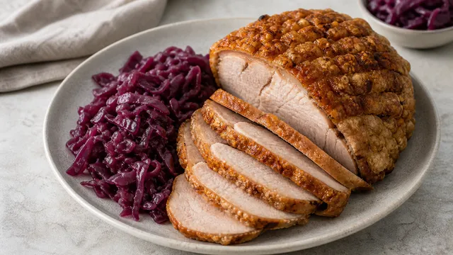 Aufgeschnittener bayerischer Krustenbraten mit knuspriger Schwarte neben einer Portion Blaukraut auf einem Teller