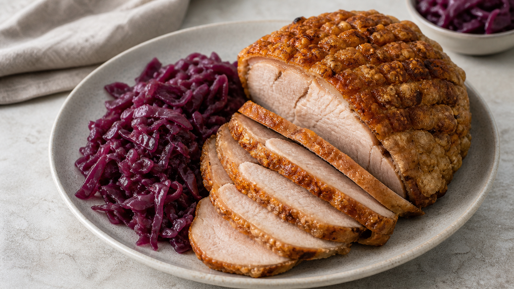 Aufgeschnittener bayerischer Krustenbraten mit knuspriger Schwarte neben einer Portion Blaukraut auf einem Teller