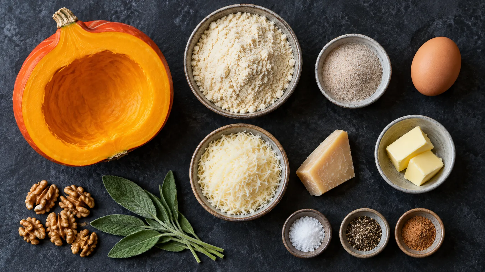 Zutaten für Kürbis-Gnocchi: halbierter Hokkaido-Kürbis, Mandelmehl, Flohsamenschalen, Ei, Parmesan, Salbei und Butter
