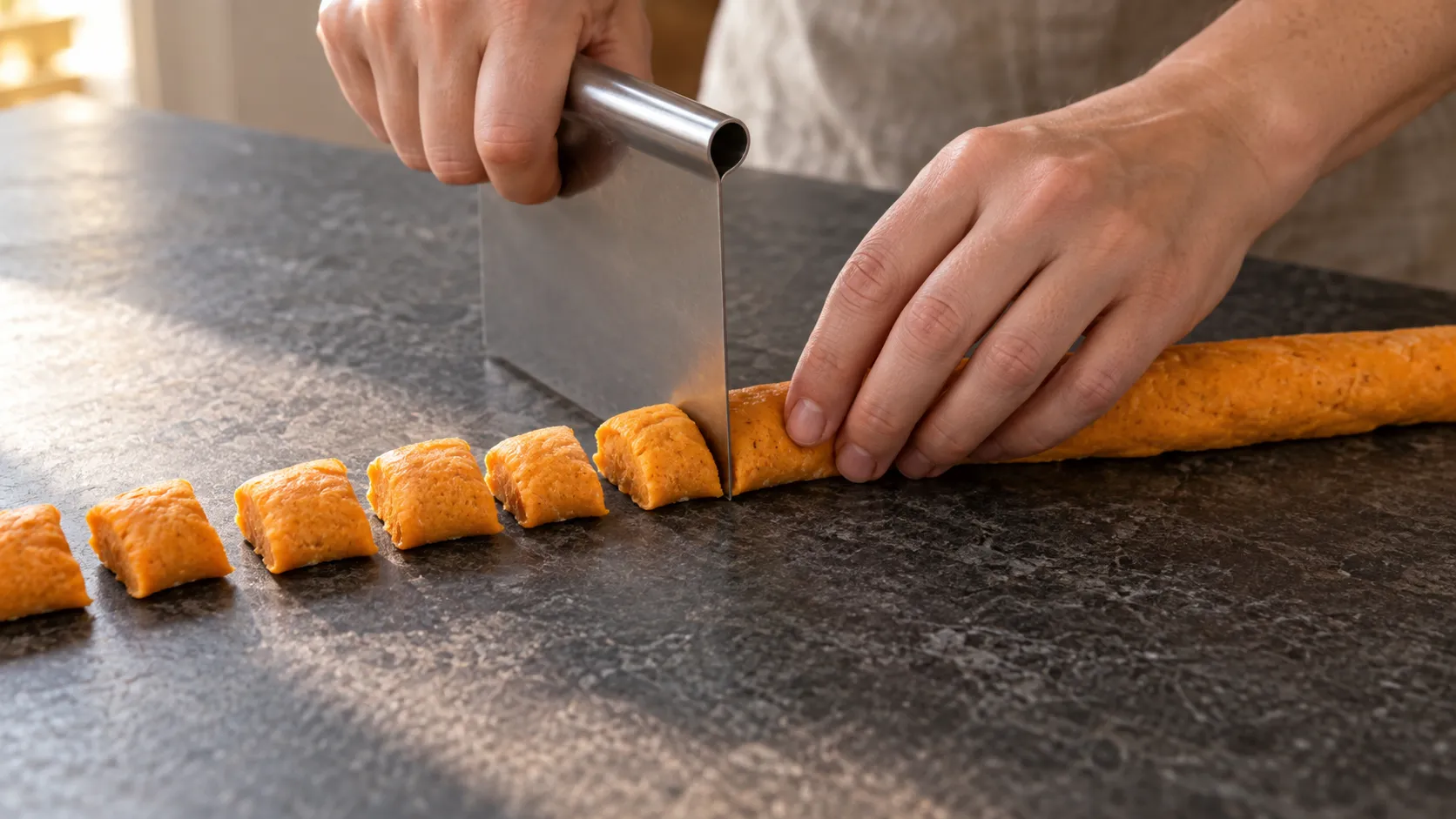 Gnocchi-Teig wird zu einer Rolle geformt und mit einem Teigschaber in gleich große Stücke geschnitten