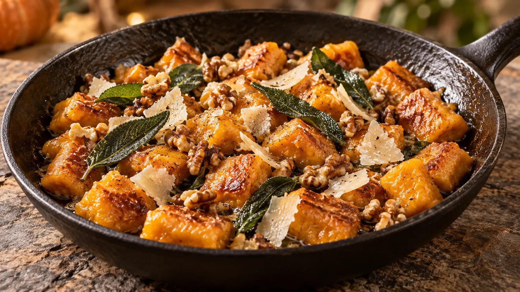 Goldbraun gebratene Kürbis-Gnocchi in einer Pfanne mit brauner Salbeibutter, Parmesanhobeln und Walnüssen