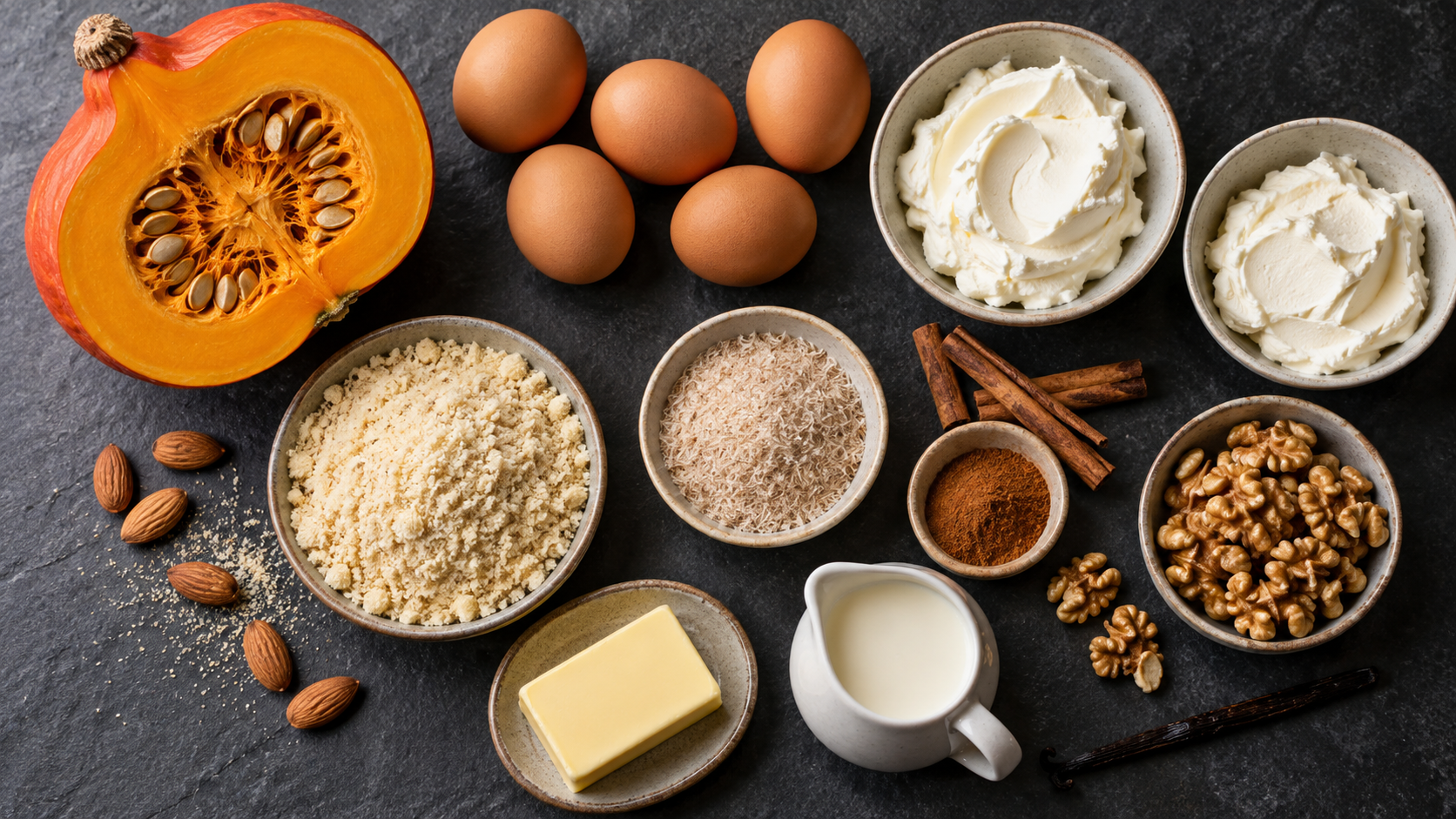Zutaten für Kürbis-Pancakes: ein halber Hokkaido-Kürbis, Eier, Frischkäse, gemahlene Mandeln, Flohsamenschalen, Zimt, Erythrit und Walnüsse
