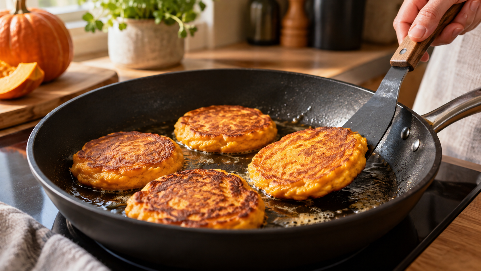 Vier kleine Kürbis-Pancakes braten nebeneinander in einer beschichteten Pfanne in Butter