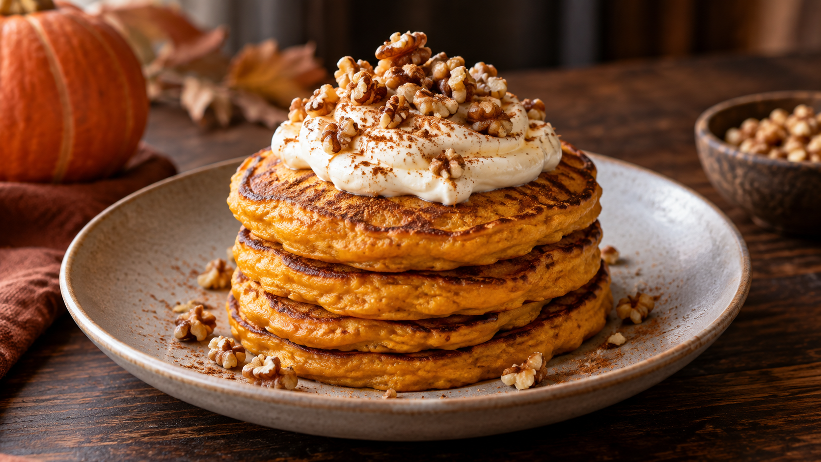 Stapel orangefarbener Kürbis-Pancakes auf einem Teller mit einer Haube aus Frischkäsecreme, gehackten Walnüssen und Zimt