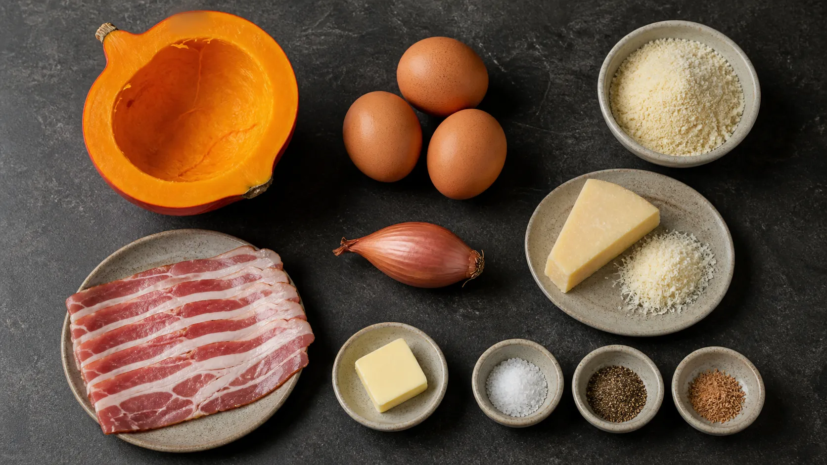 Zutaten für Kürbis-Rösti: halbierter Hokkaido-Kürbis, Eier, Mandelmehl, geriebener Parmesan, Schalotte und Speckstreifen