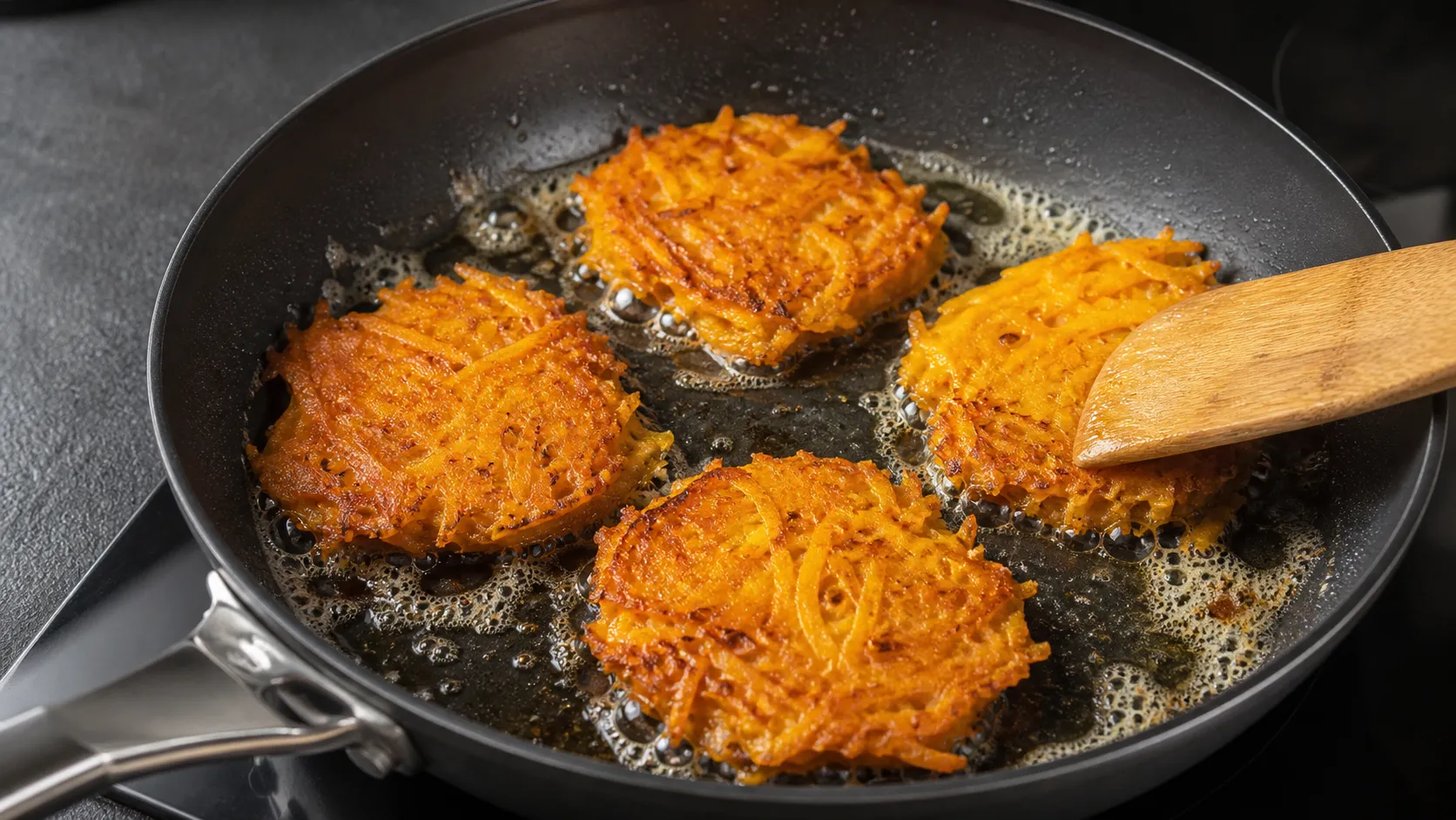 Geraspelte Kürbismasse wird in einer Pfanne in Butter zu flachen Rösti gebraten