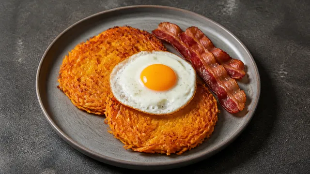 Zwei goldbraune Kürbis-Rösti auf einem Teller, darauf ein Spiegelei mit flüssigem Dotter und knusprige Speckstreifen