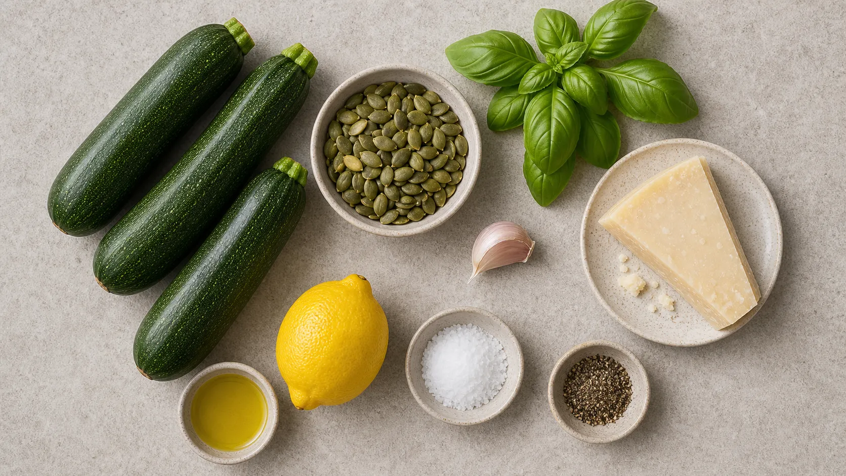 Zutaten für Keto Kürbiskern-Pesto: Kürbiskerne, Basilikum, Parmesan, Knoblauch, Olivenöl und Zucchini