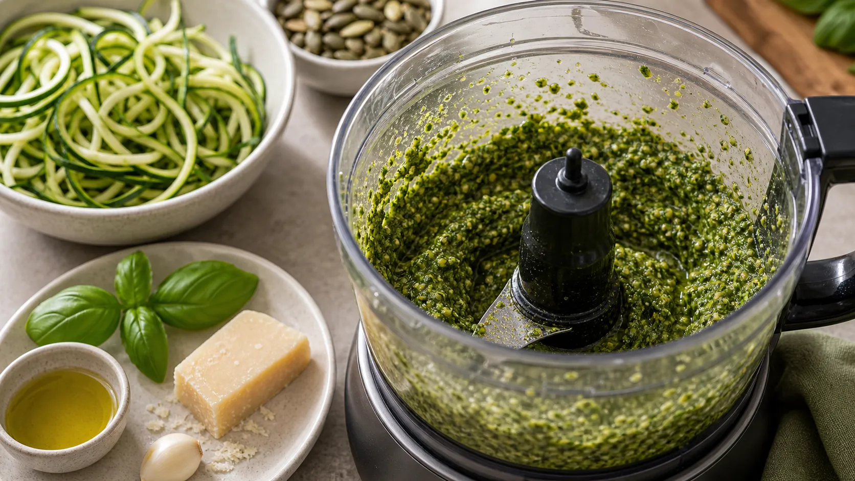 Kürbiskerne und Basilikum werden im Mixer zu einem grünen Pesto püriert