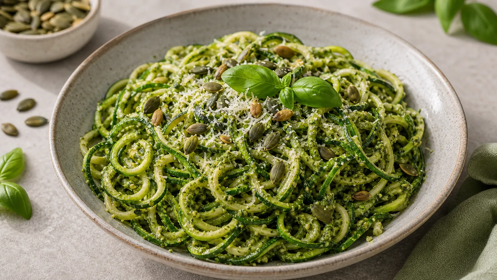 Keto Zoodles mit grünem Kürbiskern-Pesto, geriebener Parmesan darüber und ganze Kürbiskerne als Topping