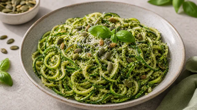 Keto Zoodles mit grünem Kürbiskern-Pesto, geriebener Parmesan darüber und ganze Kürbiskerne als Topping