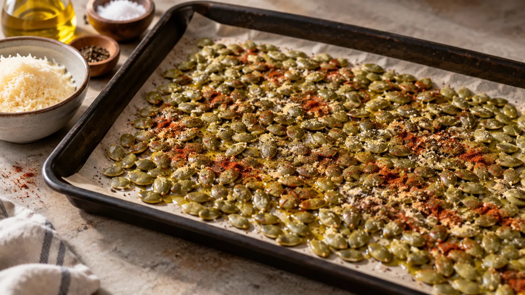 Kürbiskerne auf einem Backblech, gleichmäßig mit Gewürzen und Parmesan vermengt