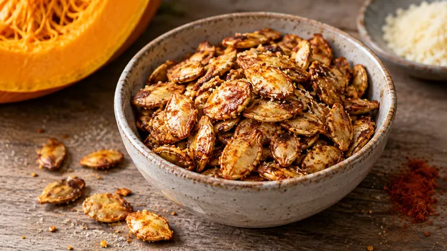 Geröstete Kürbiskerne mit Paprikapulver und Parmesan in einer Schale