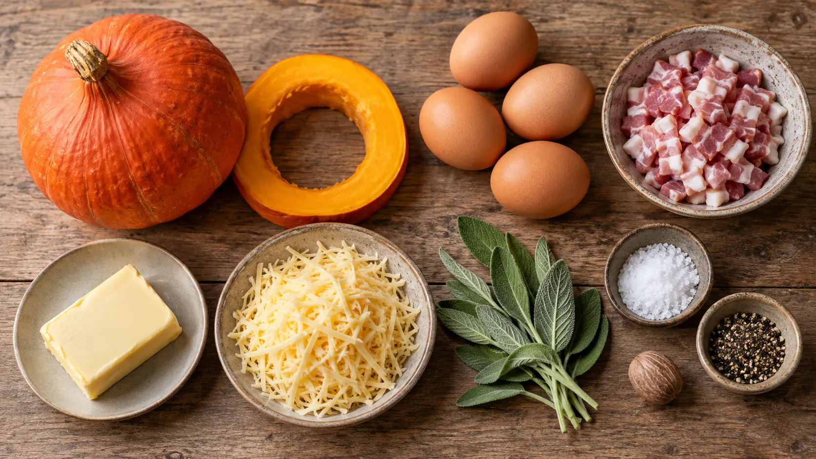 Zutaten für Keto-Kürbisringe: Hokkaido-Kürbis, Eier, durchwachsener Speck, Bergkäse, Butter und Salbei