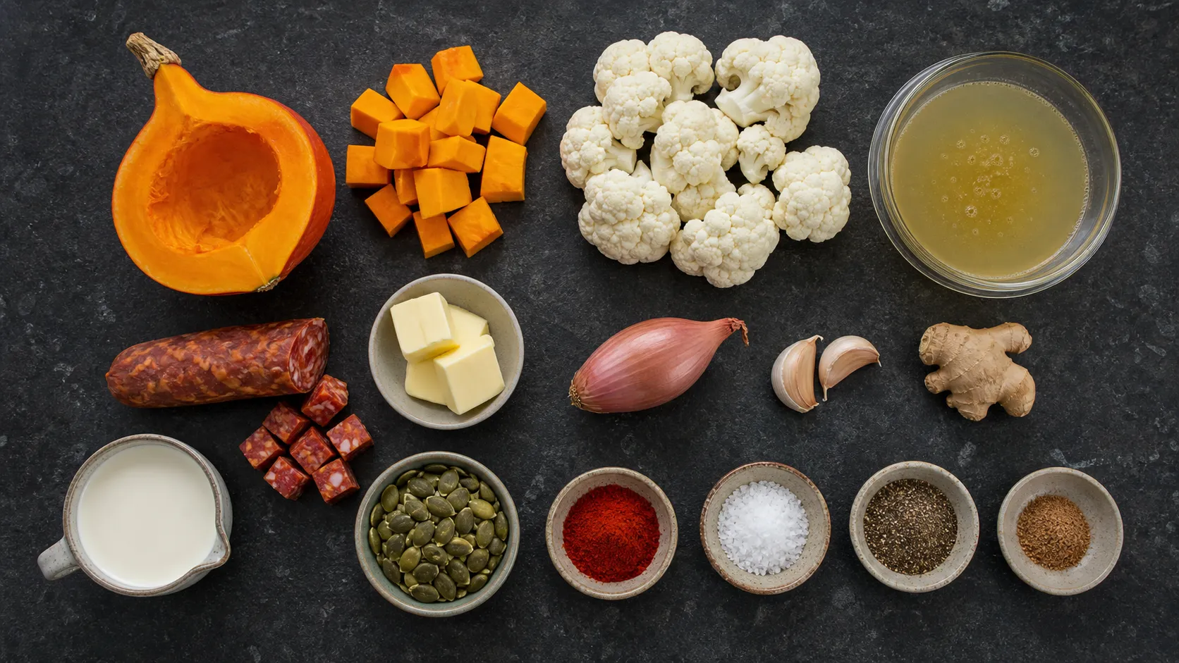 Zutaten für die Suppe: aufgeschnittener Hokkaido-Kürbis, Blumenkohlröschen, Chorizo, Sahne, Ingwer, Schalotte und Kürbiskerne
