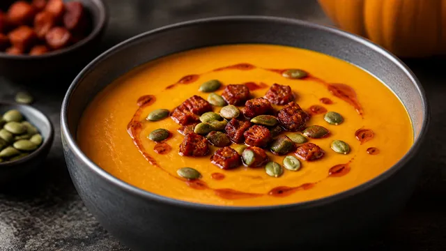 Tiefer Teller mit orangefarbener Kürbissuppe, darauf knusprige Chorizo-Würfel, rotes Chorizo-Öl und geröstete Kürbiskerne