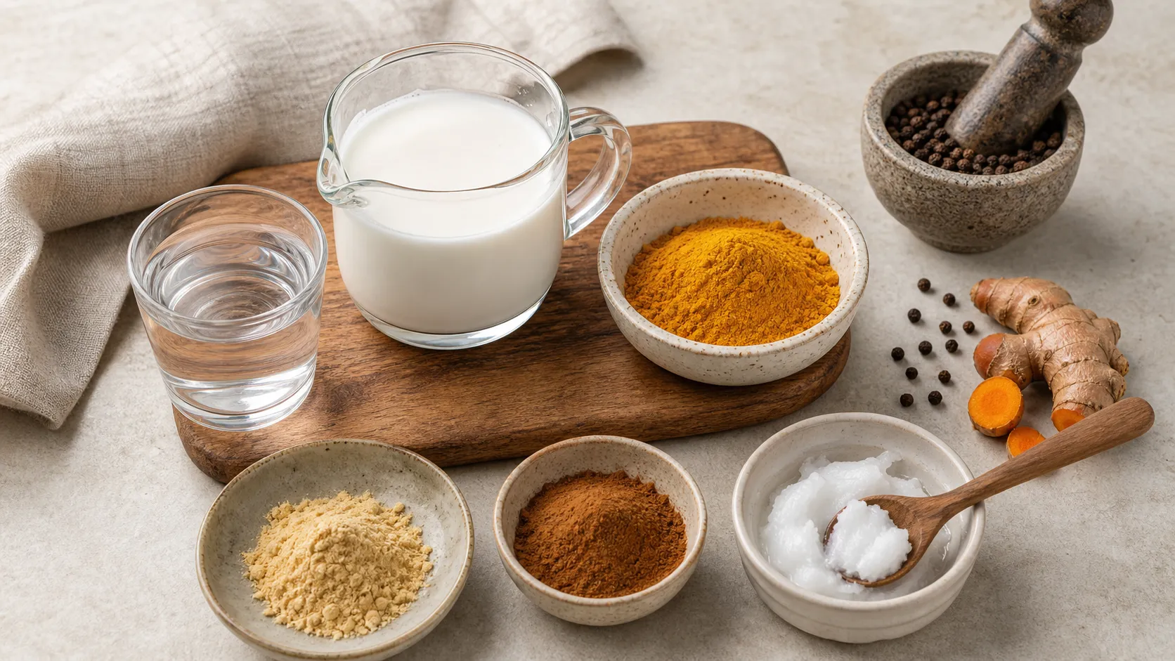Zutaten für das Golden Tonic: Kokosmilch, Kurkuma, Zimt, Ingwer, schwarzer Pfeffer und Kokosöl