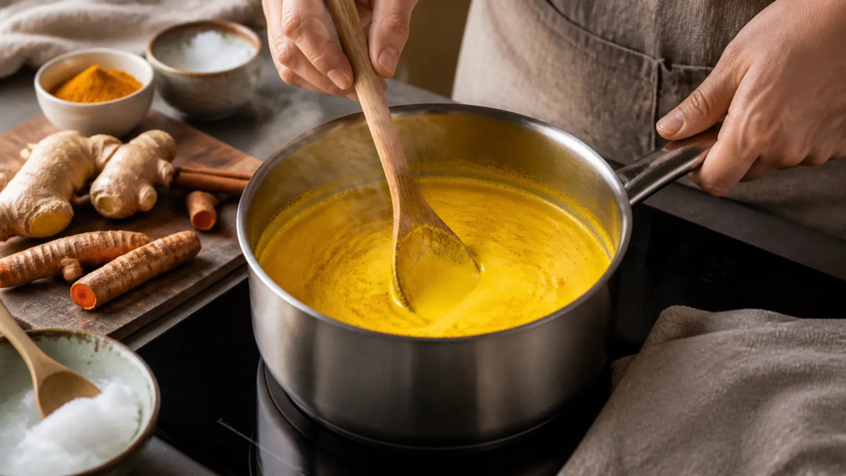 Goldgelbe Kurkuma-Kokosmilch wird in einem kleinen Topf erwärmt