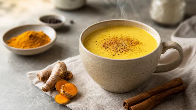 Keto Kurkuma-Kokos-Golden-Tonic in einer Tasse mit goldgelber Farbe und einer Prise schwarzem Pfeffer