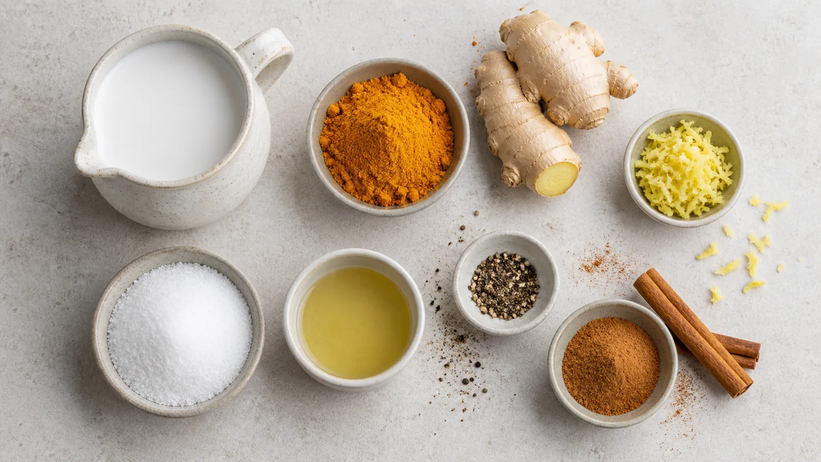 Flatlay der Zutaten für Keto Kurkuma-Kokos-Latte mit Kokosmilch, Kurkuma, Ingwer, Pfeffer, Zimt, Erythrit und MCT-Öl