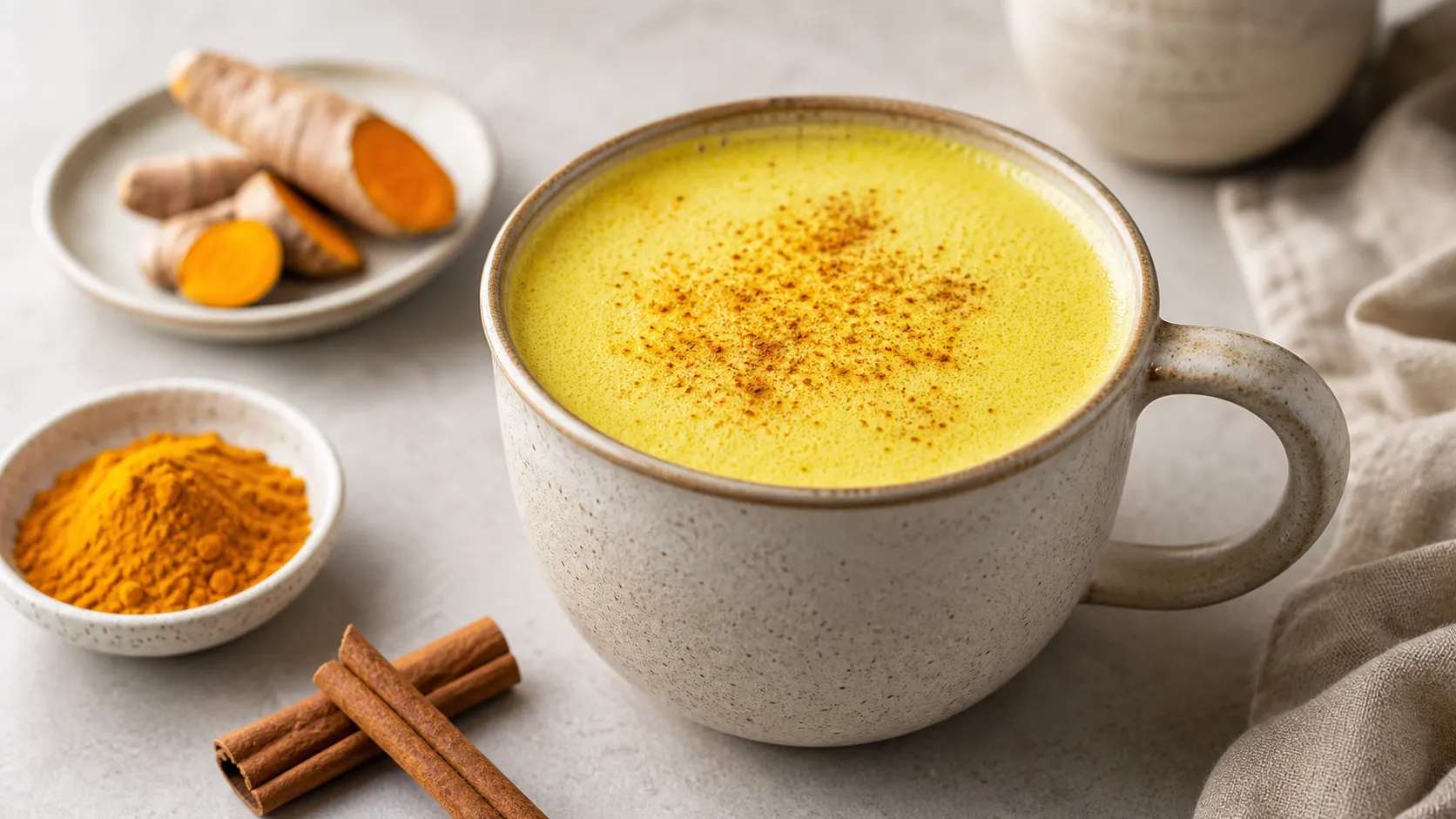Keto Kurkuma-Kokos-Latte als goldene Milch mit Schaum und Zimt in einer Tasse