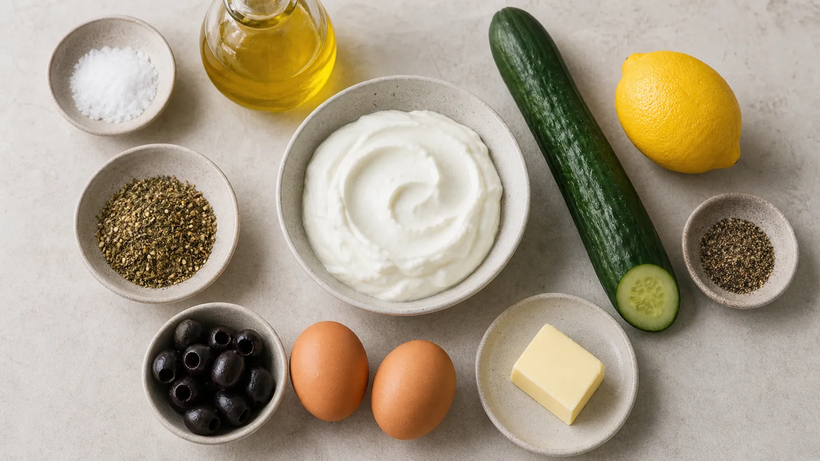 Zutaten für Keto-Labneh: Vollfett-Joghurt, Olivenöl, Za'atar, Eier, Gurke und Oliven
