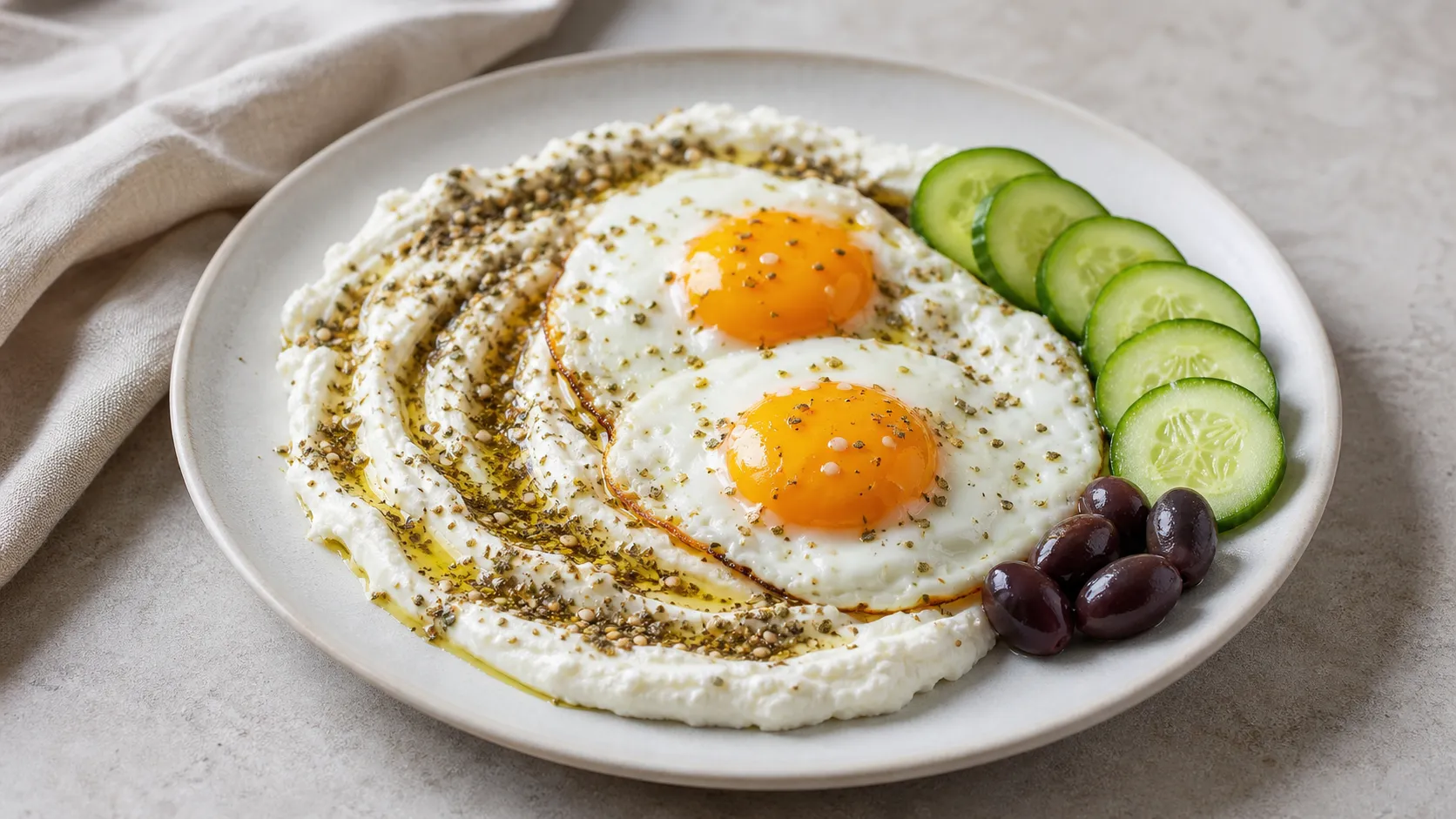 Teller mit cremigem Labneh, Olivenöl, Za'atar, Spiegelei, Gurkenscheiben und Oliven