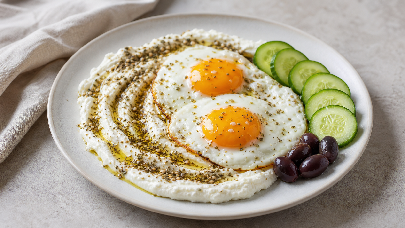 Teller mit cremigem Labneh, Olivenöl, Za'atar, Spiegelei, Gurkenscheiben und Oliven