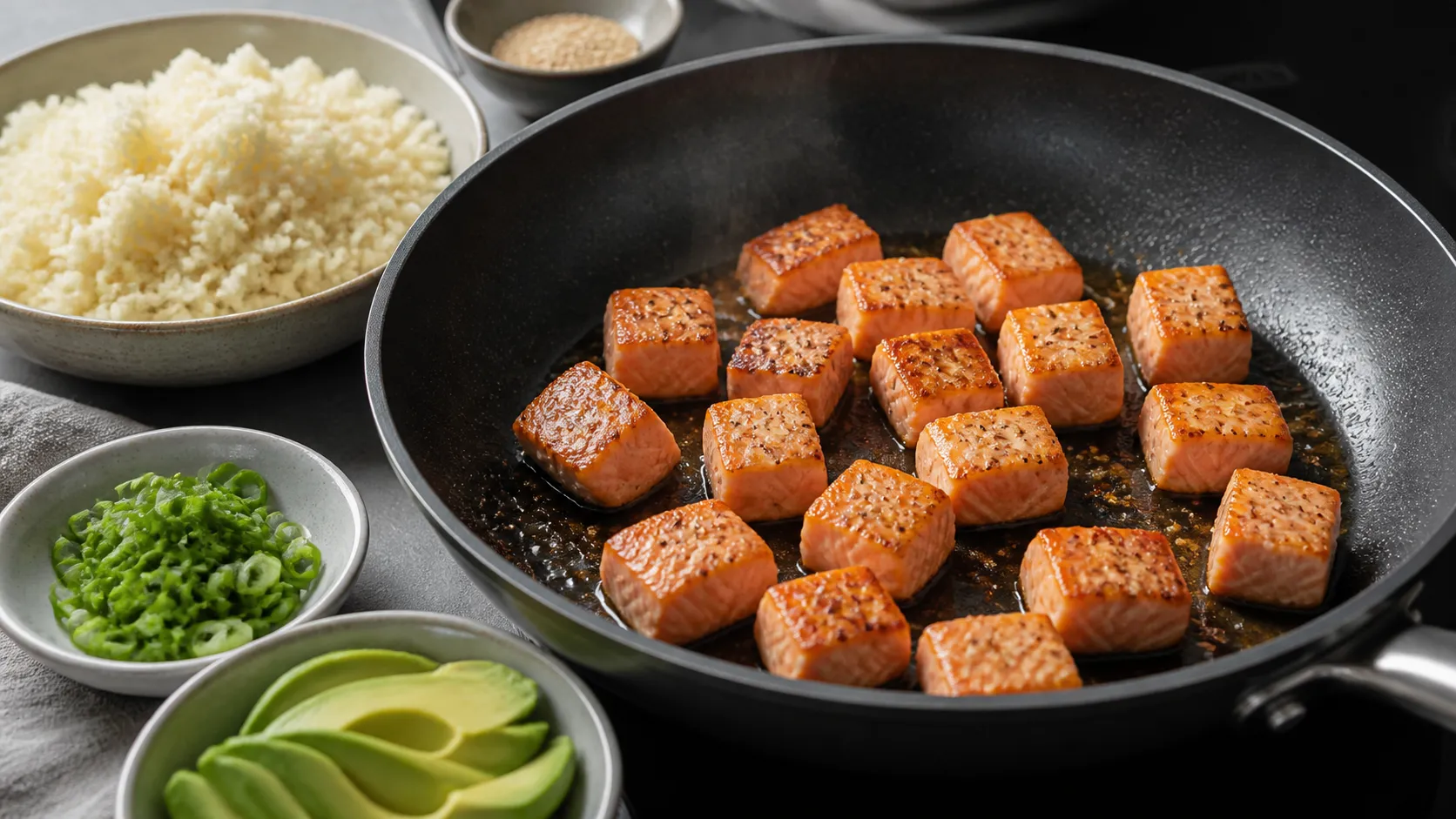 Lachswürfel werden in Sesamöl angebraten, daneben Blumenkohlreis und Avocado für die Keto-Schüssel