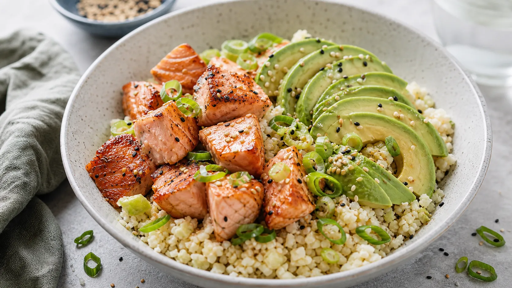 Keto Lachs-Schüssel mit gebratenem Lachs, Blumenkohlreis, Avocado und Sesam