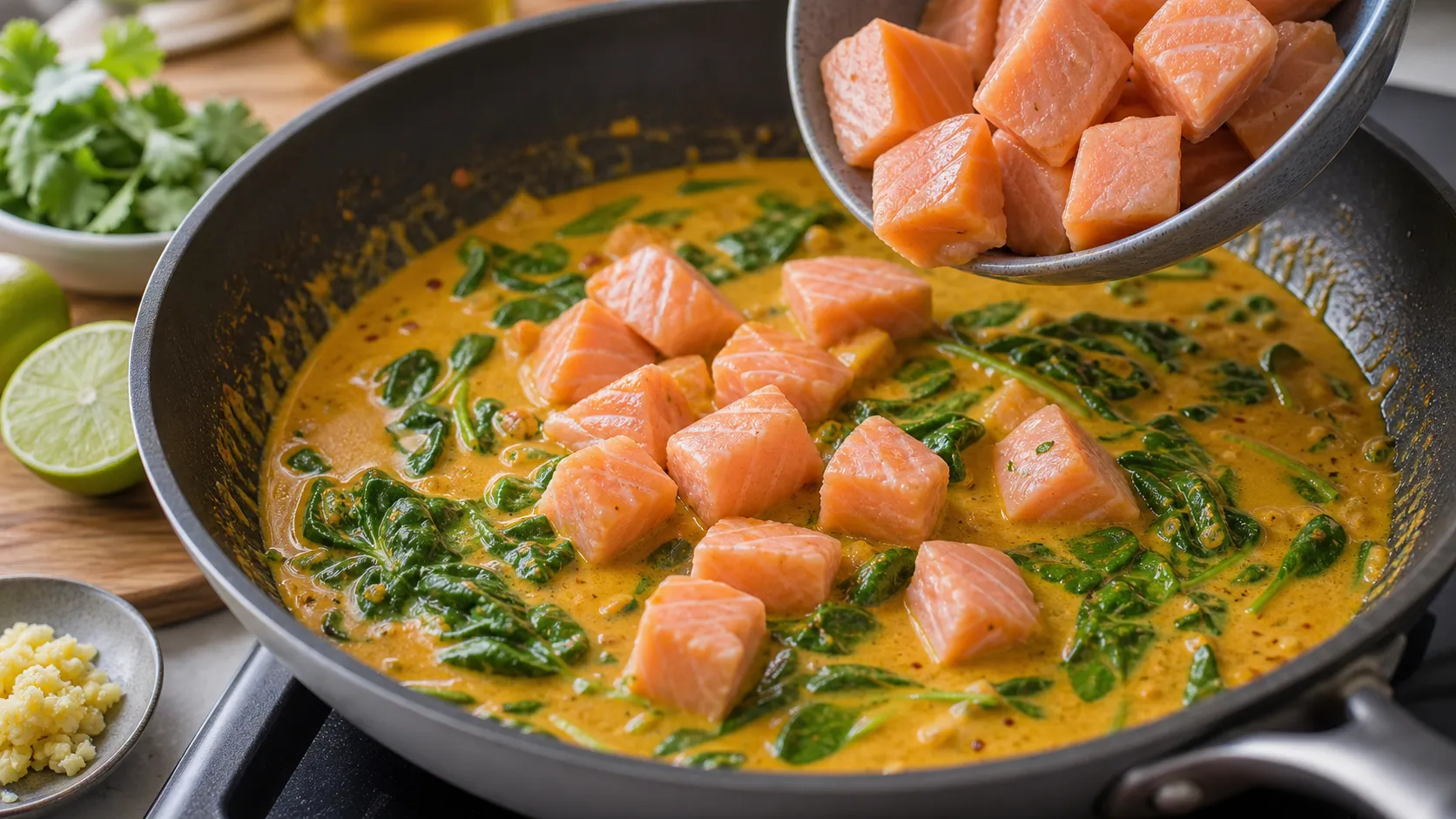 Lachsstücke garen in goldener Kokos-Curry-Sauce mit Babyspinat in einer Pfanne