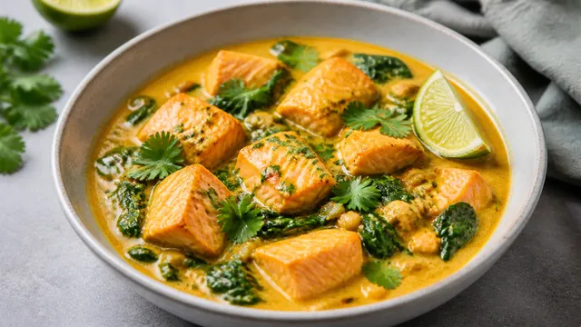 Keto Lachs-Curry mit Kokosmilch, Babyspinat, Limette und Koriander in einer Schüssel