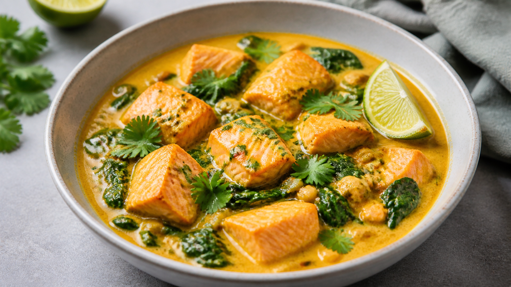 Keto Lachs-Curry mit Kokosmilch, Babyspinat, Limette und Koriander in einer Schüssel