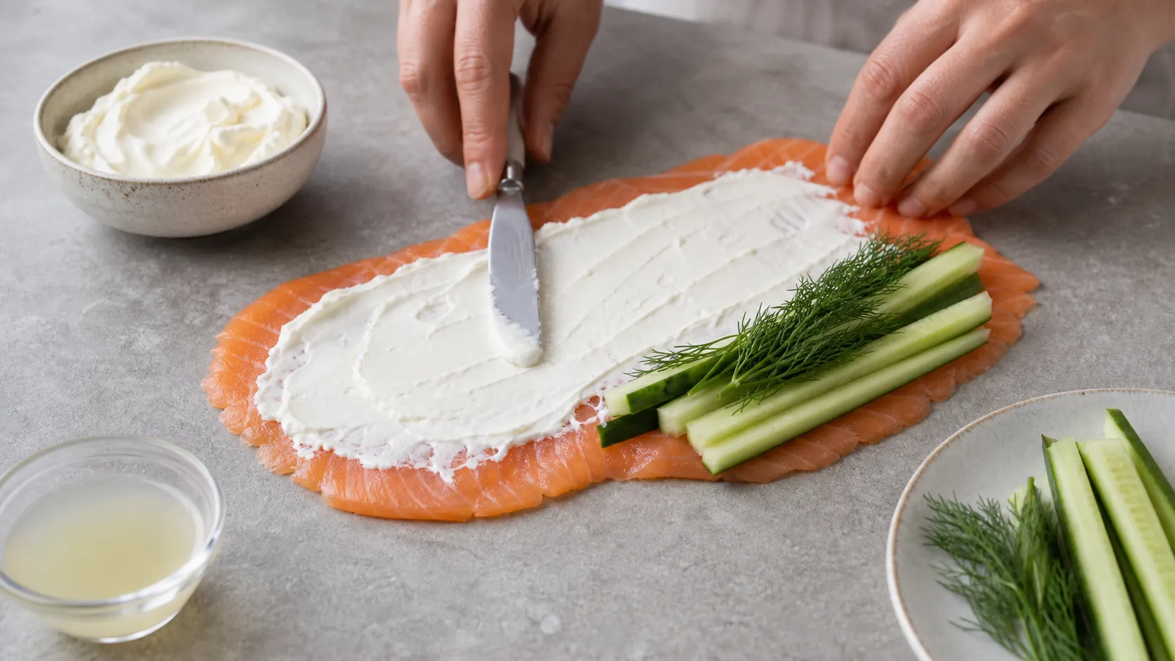 Räucherlachs wird mit Frischkäse bestrichen und mit Gurkenstiften für Keto Röllchen belegt