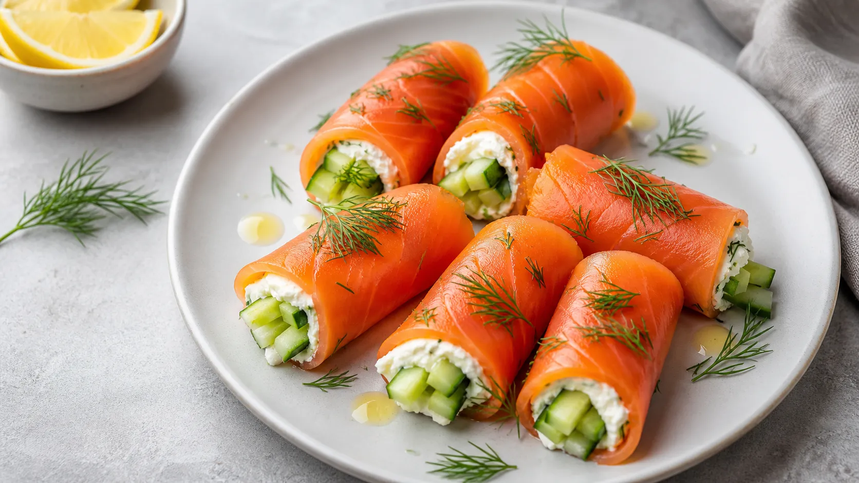 Keto Lachs-Gurken-Frischkäse-Röllchen mit Dill fertig auf einem Teller angerichtet