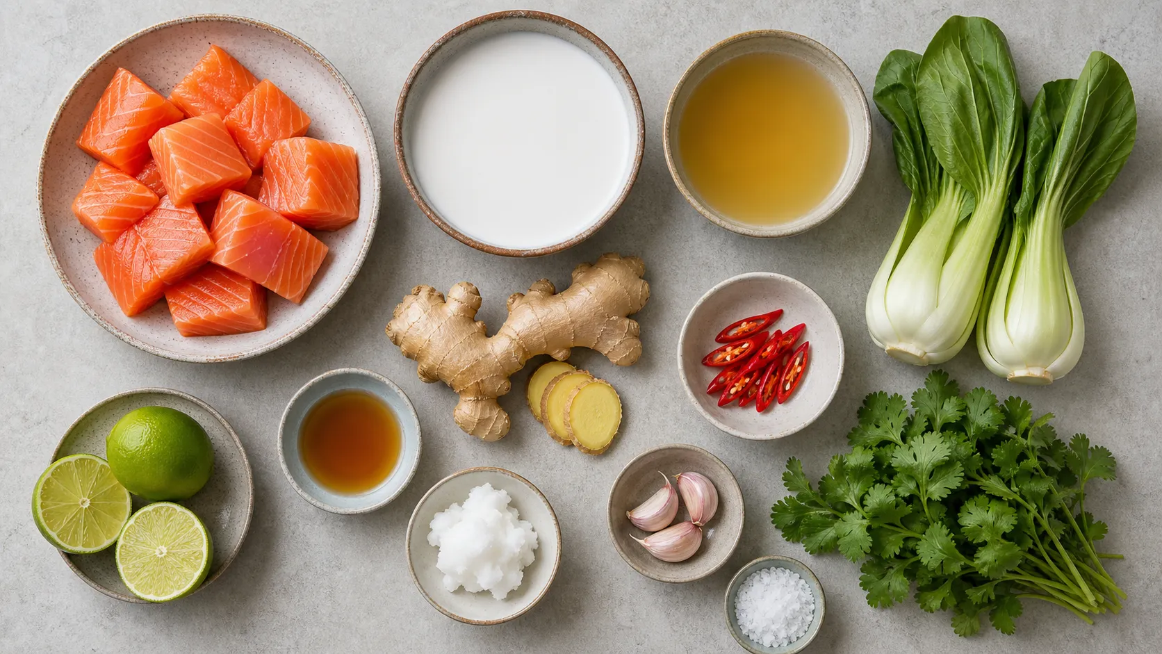 Zutaten für Keto-Lachs-Kokos-Suppe: Lachsfilet, Kokosmilch, Ingwer, Limette, Pak Choi und Chili