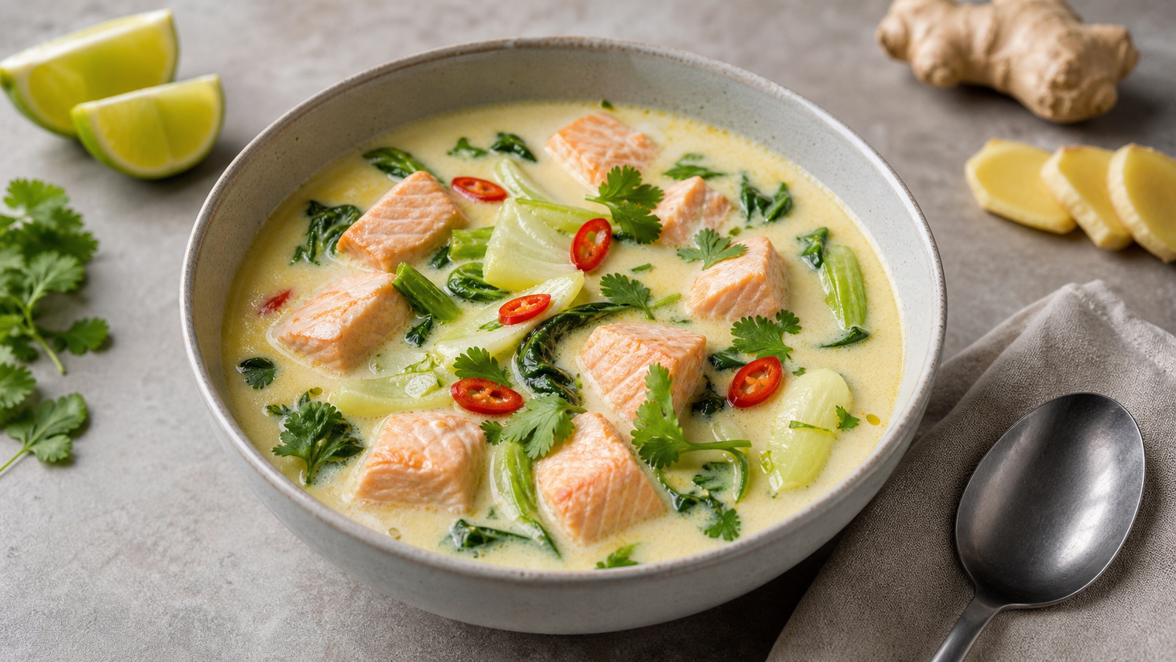 Cremige Keto-Lachs-Kokos-Suppe mit Ingwer, Pak Choi, Limette und Koriander in einer Schale