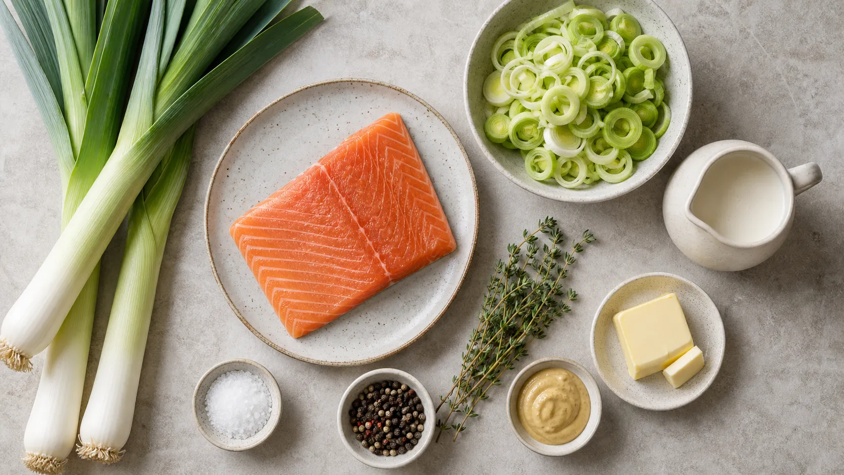 Zutaten für Keto Lachs auf Lauch: Lachsfilet, Lauch, Sahne, Butter, Dijonsenf und Thymian