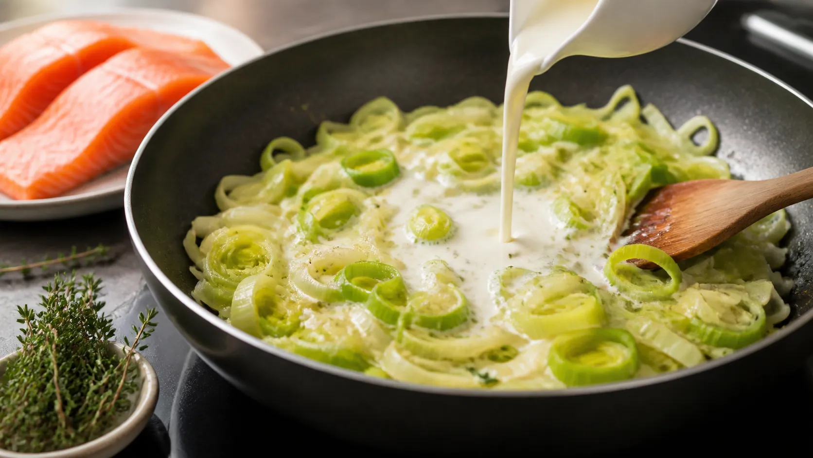Lauchscheiben schmoren in Butter, während Sahne für den Keto Lachs auf Lauch angegossen wird
