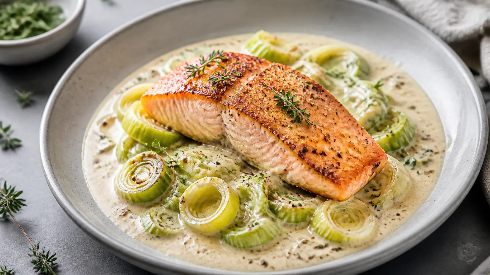 Keto Lachsfilet auf geschmortem Lauch in cremiger Sahnesauce mit Thymian